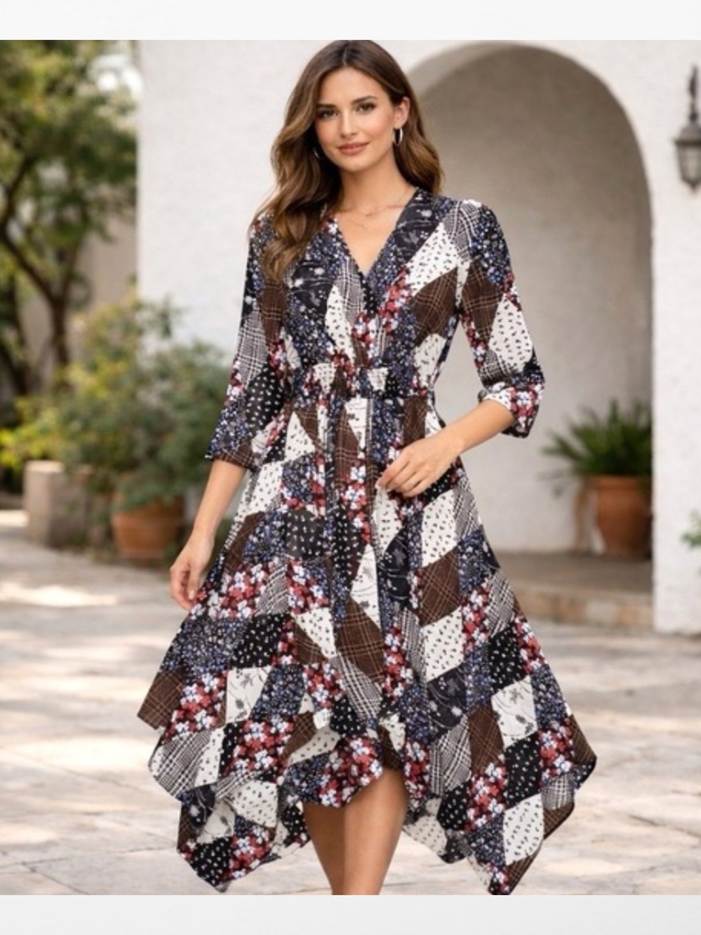Tommy Hilfiger Patchwork Handkerchief Hem Peasant Dress Lined